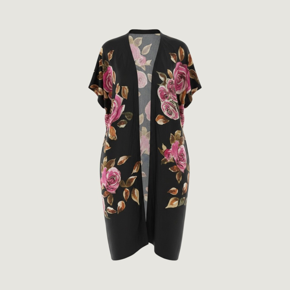 Signals Floral Kimono Robe Womens XL Black Pink Rose Open Front Maxi Whimsigoth